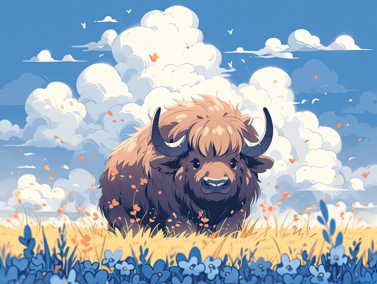 Vector a bison grazing on a wide prairie under blue skies