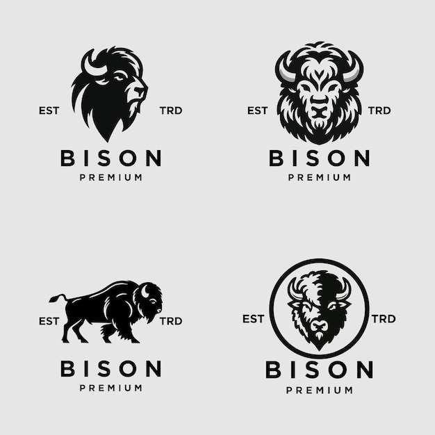 Vector bison silhouettes and icons logo black flat color simple elegant