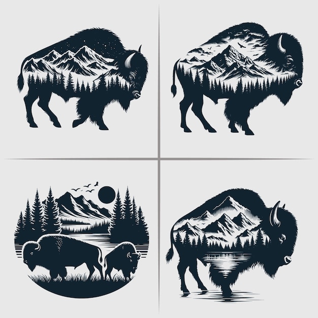 Vector bison vector silhouette bundle file american bison silhouette designs animal vector bison