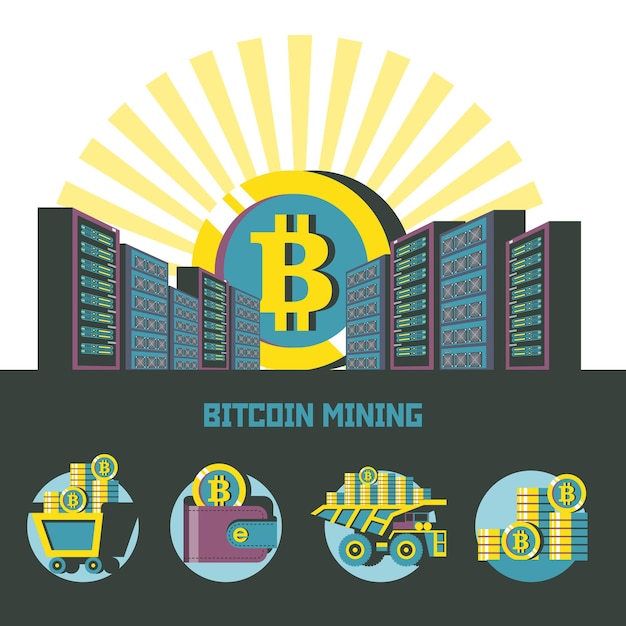 Vector bitcoin als de rijzende zon boven de servers opkomt. set emblems.trolley met bitcoins, portemonnee met bitcoins, stapel munten, dumper met bitcoins.