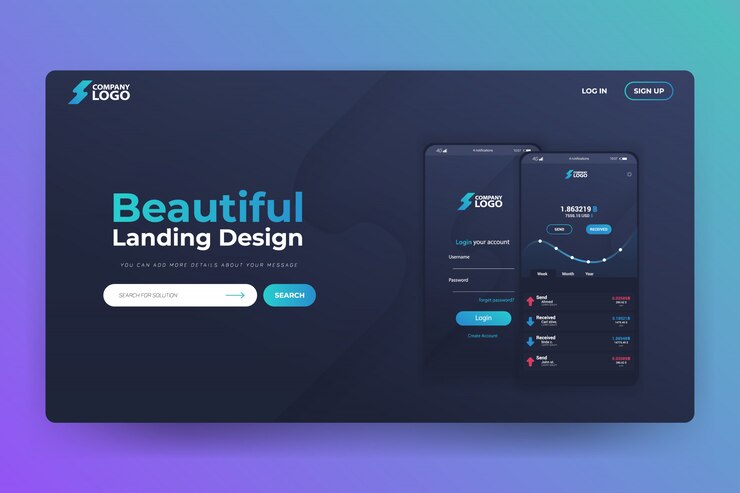Vector bitcoin app website landing page template design