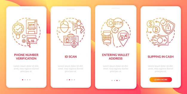 Bitcoin atm verification steps onboarding mobile app page screen with concepts. purchasing cash or debit card walkthrough 5 steps graphic instructions. ui  template with rgb color illustrations