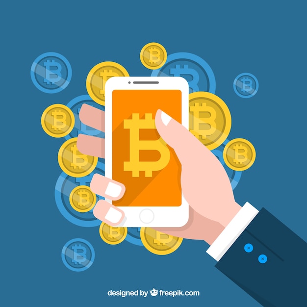 Fondo di bitcoin con lo smartphone della holding della mano