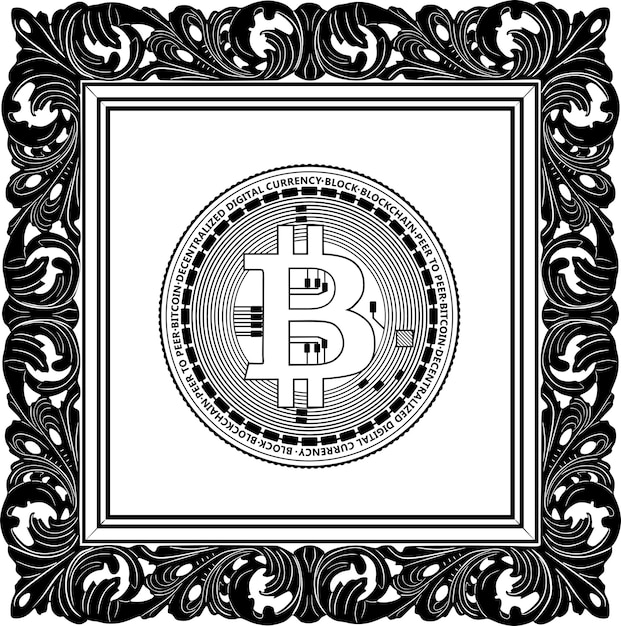 Bitcoin black outline logo with floral frame handmade silhouette nr 62