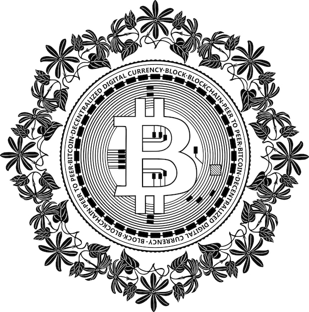 Vector bitcoin black outline logo with floral frame handmade silhouette nr 39