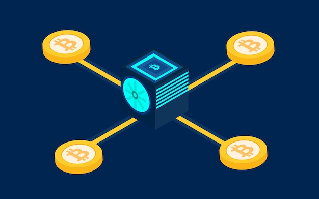 Vector bitcoin blockchain with servers connected to the blocks of bitcoin cryptocurrency