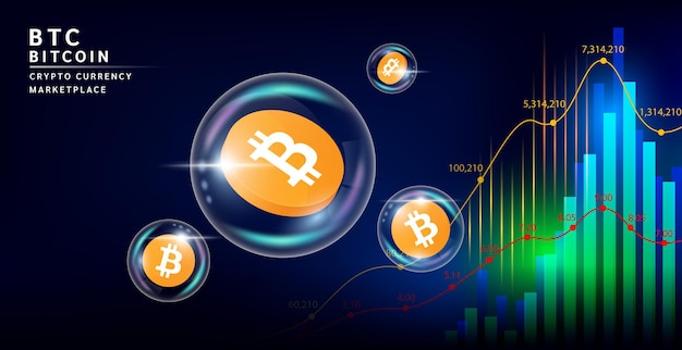 Жетон монеты Bitcoin BTC в мыльном пузыре на фоне абстрактной футуристической технологии