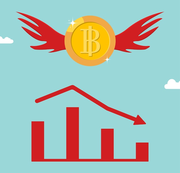 Bitcoin BTC price falls down. Red arrow graph shows Bitcoin price going down,