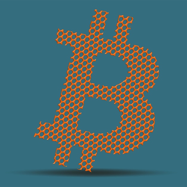 Vector bitcoin btc sign from 3d holey mesh like cheese isolated on blue background btc symbol of modern digital gold and money