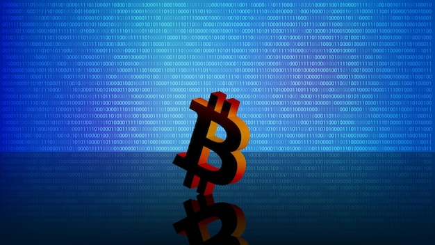 Символ токена Bitcoin BTC на зеркальном полу на синем цифровом фоне с копией пространства. Новости на сайте. Векторная иллюстрация.