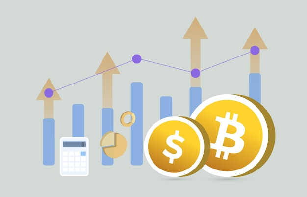 평면 디자인의 차트 및 그래프가 포함된 Bitcoin BTC 및 USD 통화 화폐 비즈니스 개념