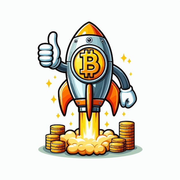 ベクトル ビットコイン・ブル・ラン・ロケット・イラスト・ブル・クリプト・マーケット・ブル・ビットコイン・ロケット・キャラクター・ベクトル