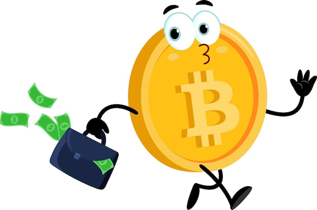 Vector bitcoin cartoon character walking with briefcase full of money vector illustration flat design