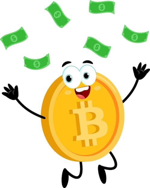 Bitcoin cartoon personage gooien geld in de lucht Vector illustratie plat ontwerp