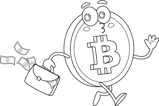 Bitcoin cartoon personage loopt met portemonnee vol geld