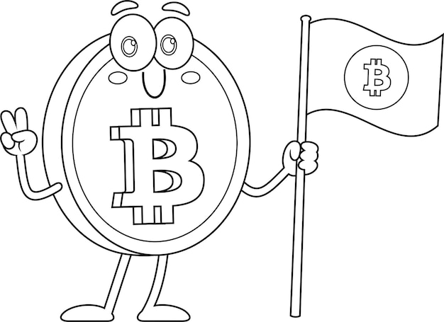 Bitcoin cartoon personage met het handteken van de overwinning en het zwaaien van de vlag