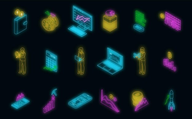 Vector bitcoin chart icons set vector neon