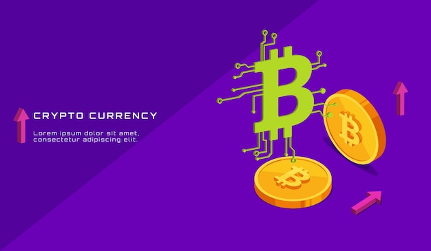 Bitcoin coin arrows and bitcoin sign with microcircuit elements in isometric style