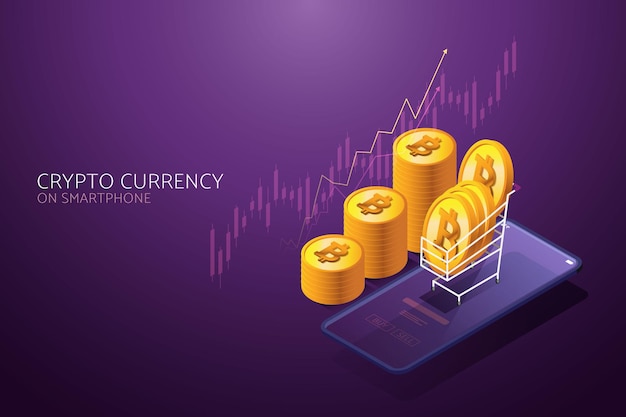 Корзина биткойн-монет на смартфоне Технология Blockchain