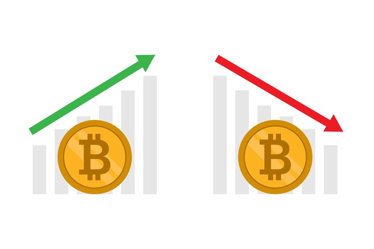 Vector bitcoin coin with green and red arrows