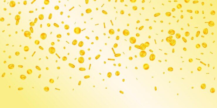 Vector bitcoin coins falling cryptocurrency scattered