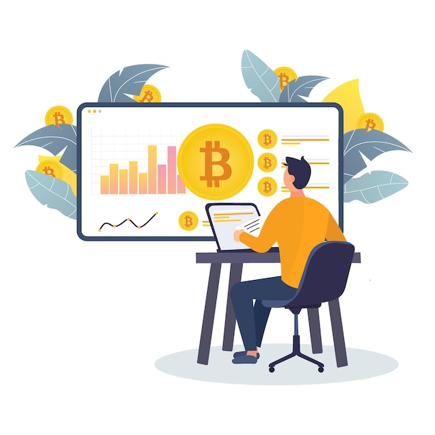 Bitcoin-conceptillustratie met werkende mannen op een witte geïsoleerde achtergrond