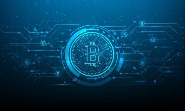 回路基板上の Bitcoin 暗号通貨デジタル技術。金融におけるマネーマーケットエクスチェンジ。