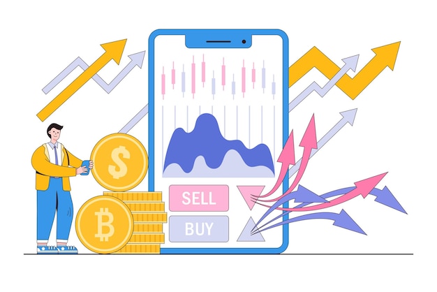 Vector bitcoin or crypto currency investment portfolio buy or sell trading crypto market exchange value concepts businessman investor or trader buys and sells bitcoins or other currency using mobile app