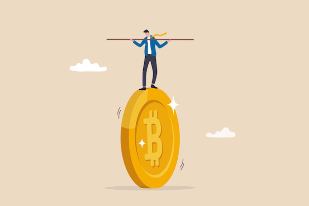 Rischio di investimento in bitcoin e criptovalute, equilibrio tra rischio e rendimento, sfida alla criptovaluta per superare la volatilità e realizzare il concetto di profitto, investitore d'affari che si equilibra come acrobata su bitcoin gigante