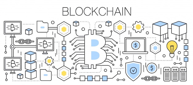 Bitcoin, cryptocurrency and blockchain technology. Bitcoin sign connected to a global network. line  illustration.