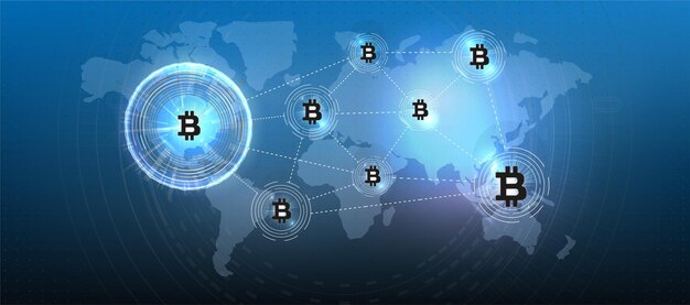 Bitcoin cryptocurrency coin symbol. Crypto currency, virtual electronic, internet money. Payment symbol. Bitcoin conceptual background with blue glowing electric lights in style hud.