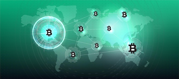 Bitcoin cryptocurrency 동전 기호. 암호화 통화, 가상 전자, 인터넷 머니. 지불 기호. 스타일 hud에 파란색 빛나는 전기 조명으로 Bitcoin 개념적 배경.