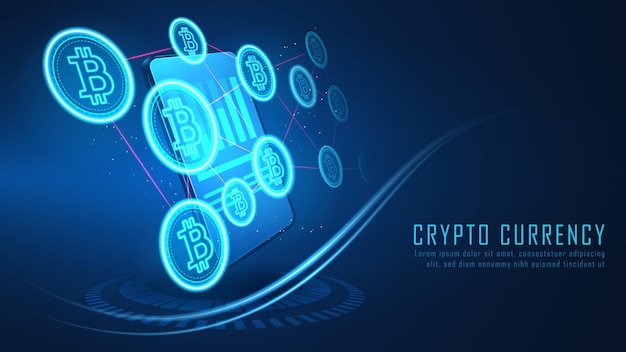 La connessione di criptovaluta bitcoin esce dallo smartphone, illustratore vettoriale
