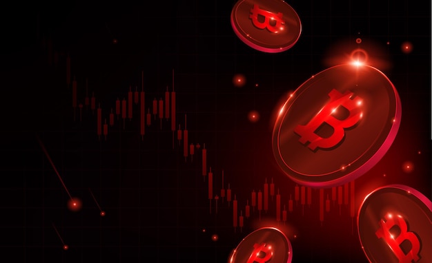 Bitcoin cryptocurrency price going down. red glowing crypto price falls. falling apart. bearish bear