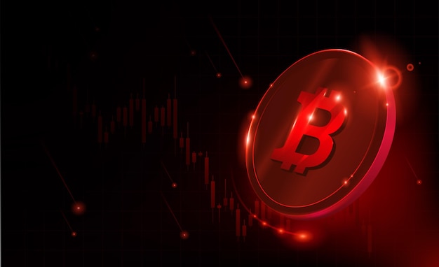 Bitcoin cryptocurrency price going down. Red glowing Crypto price falls. Falling apart. Bearish bear