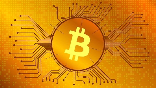 Bitcoin cryptocurrency token symbool BTC munt pictogram in cirkel met pcb op gouden achtergrond Digitaal goud in techno stijl voor website of banner Vector Eps10