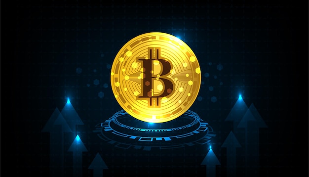 Bitcoin cryptocurrency with gold coins flying up represent of uptrend in futuristic concept