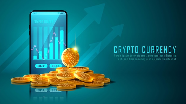 Bitcoin cryptocurrency with pile of coins and smartphone