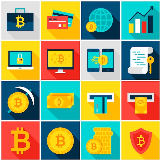 ビットコイン通貨カラフルなアイコン。ベクトルイラスト。長い影のフラット長方形金融アイテムのセットです。