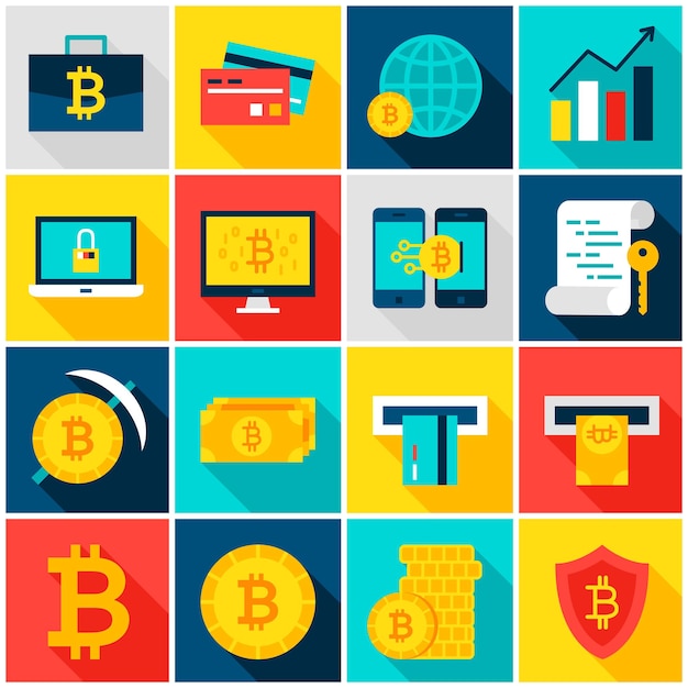 Vector bitcoin currency colorful icons. vector illustration. set of flat rectangle financial items with long shadow.