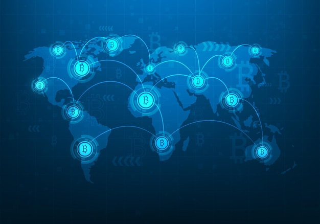 世界地図の青の暗い背景にデジタルのビットコイン通貨通貨金融をつなぐ技術。