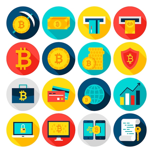 ビットコイン通貨フラットアイコン。ベクトルイラスト。長い影のサークル金融アイテムのセット。