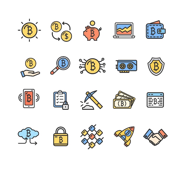 Bitcoin Currency Signs Color Thin Line Icon Set Vector