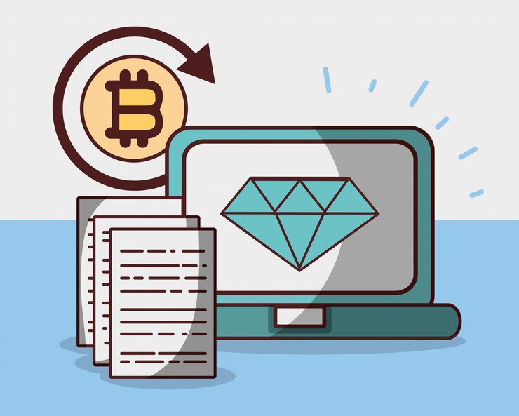 Vector bitcoin diamond cryptocurrency laptop trade digital money 