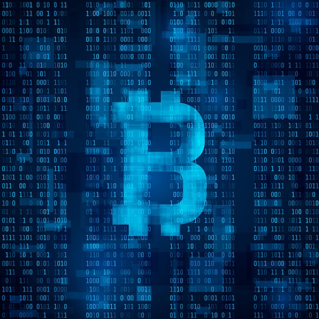 Valuta digitale bitcoin. simbolo di bitcoin su codice binario blu.