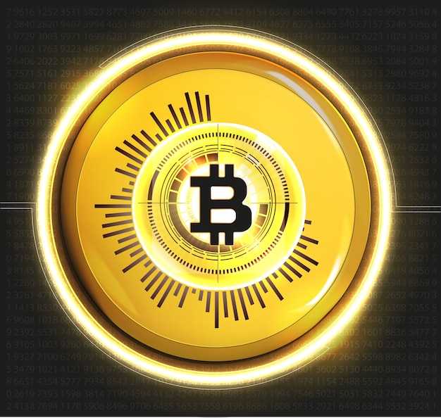Valuta d'oro digitale bitcoin, denaro digitale futuristico, concetto di rete mondiale di tecnologia, stile hud, illustrazione
