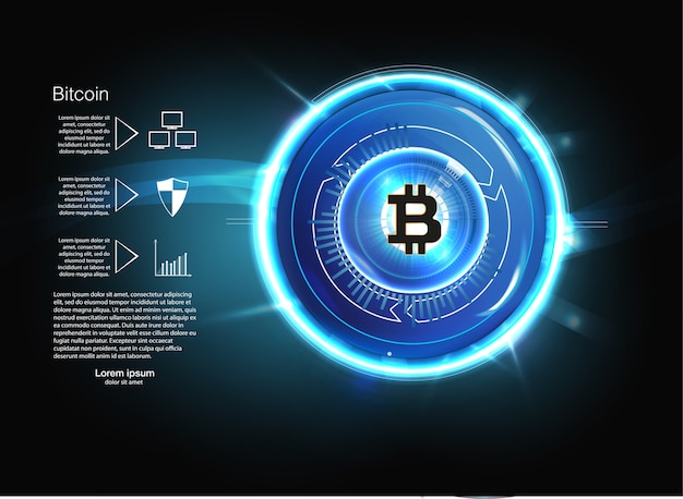 벡터 bitcoin 디지털 황금 통화, 미래의 디지털 돈, 기술 전세계 네트워크 개념, hud 스타일, 일러스트레이션