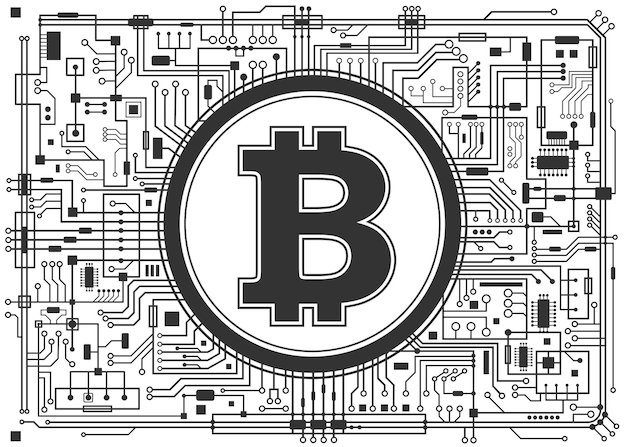 Bitcoin digitale valuta achtergrond geïsoleerd op wit. Futuristisch chipsettechnologieconcept. Vector zwart-wit horizontale illustratie.