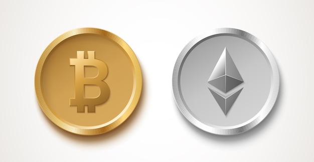 Monete bitcoin ed ethereum isolate su sfondo bianco simboli vettoriali di valuta crittografica