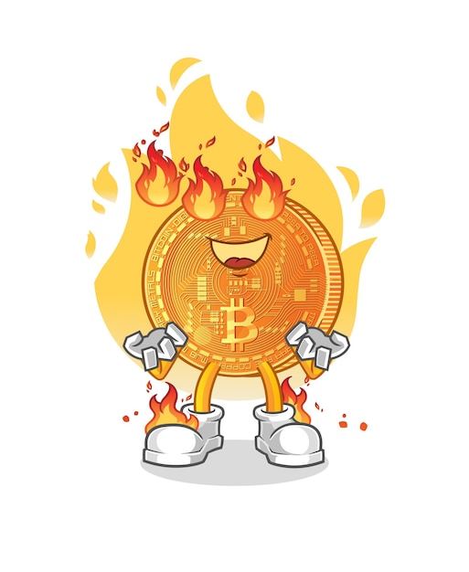 Bitcoin on fire mascot. cartoon vector